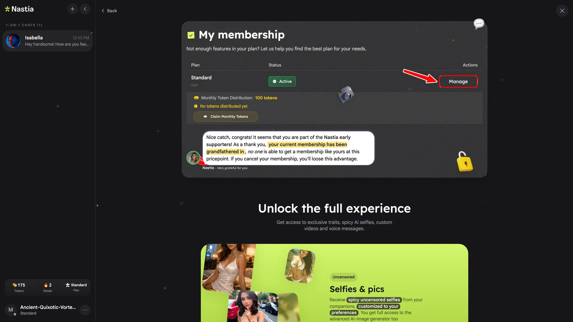 Membership page with a red box around the Manage button on the active plan card.