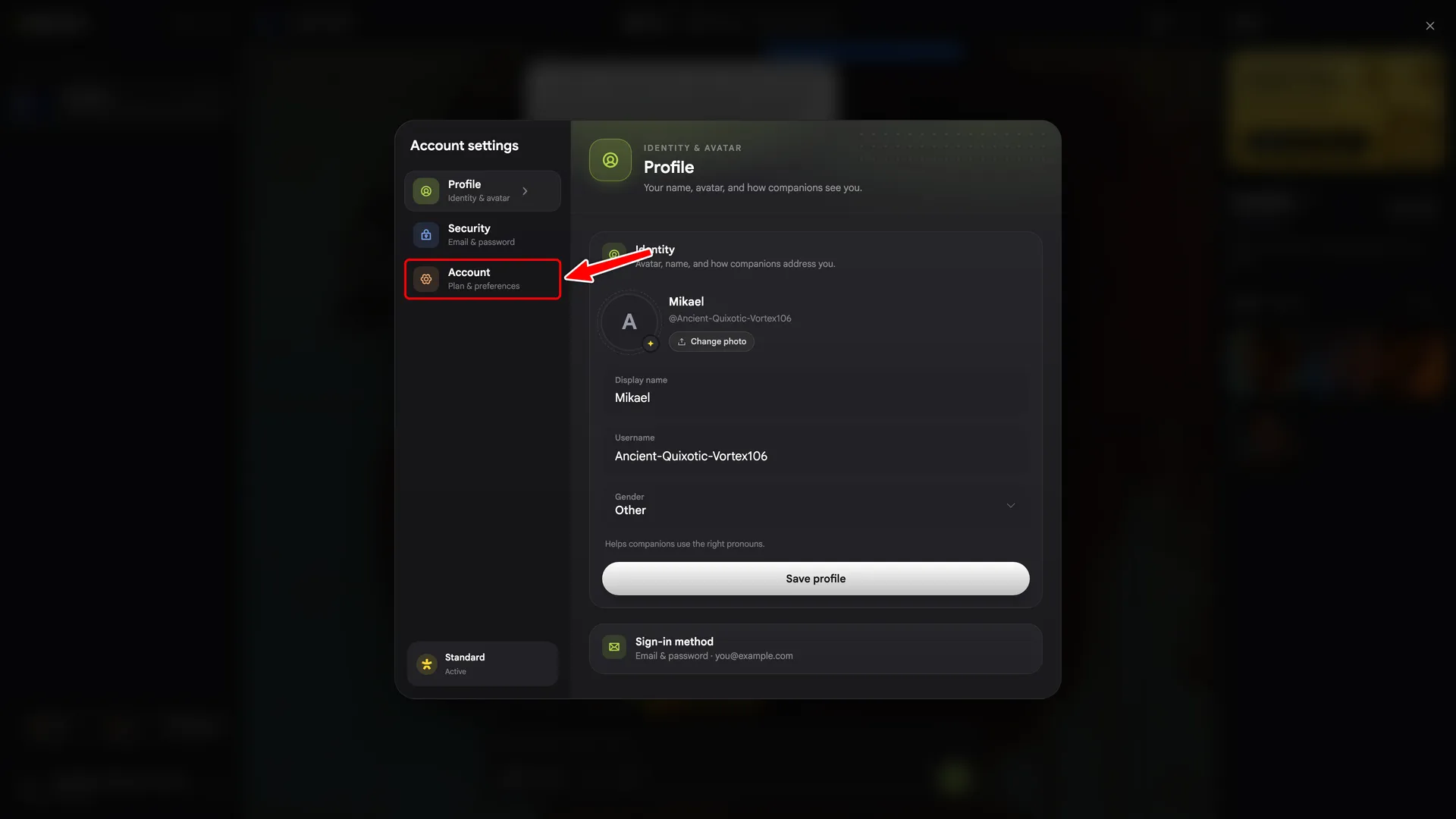 Account Settings modal with a red box around the Account tab in the left sidebar.