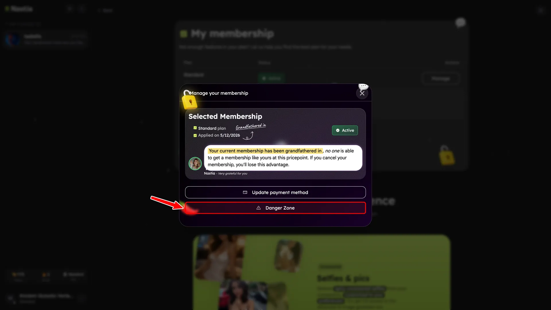 Manage Subscription modal with a red box around the Danger Zone button.