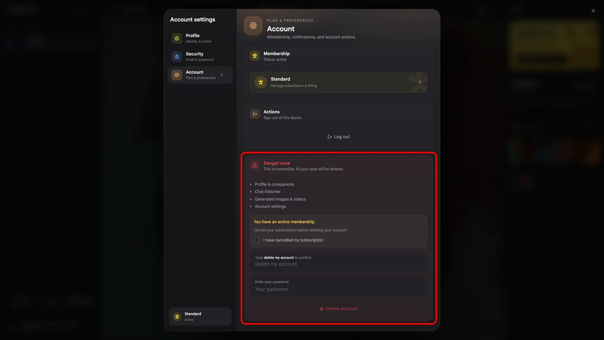 Account tab scrolled to the Danger zone showing the confirmation input, password field, and Delete account button.