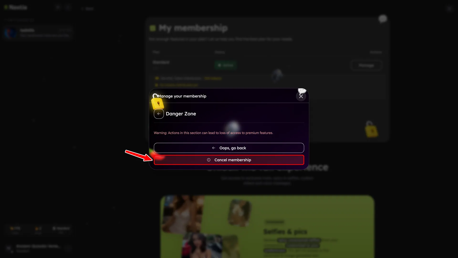 Danger Zone view with a red box around the Cancel membership button.