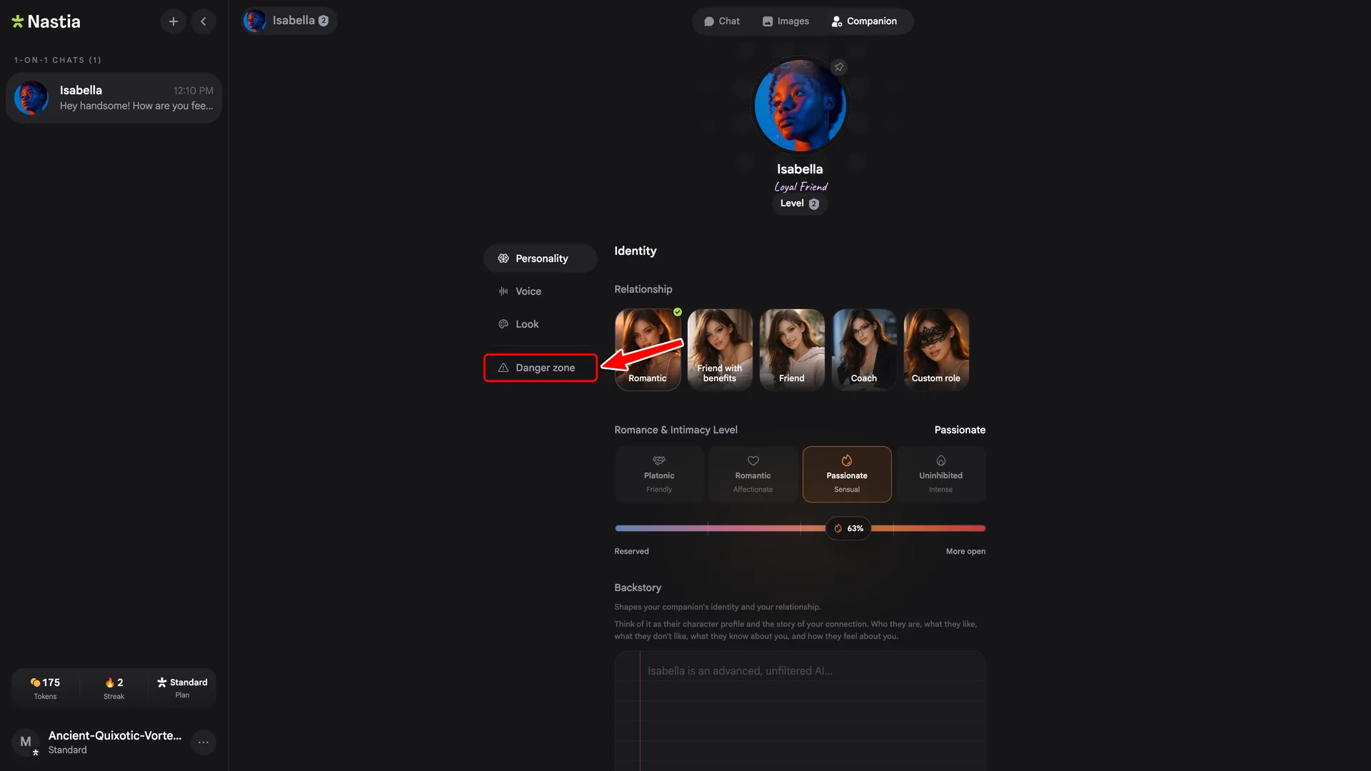 Companion profile with a red box around the Danger zone tab in the sidebar.