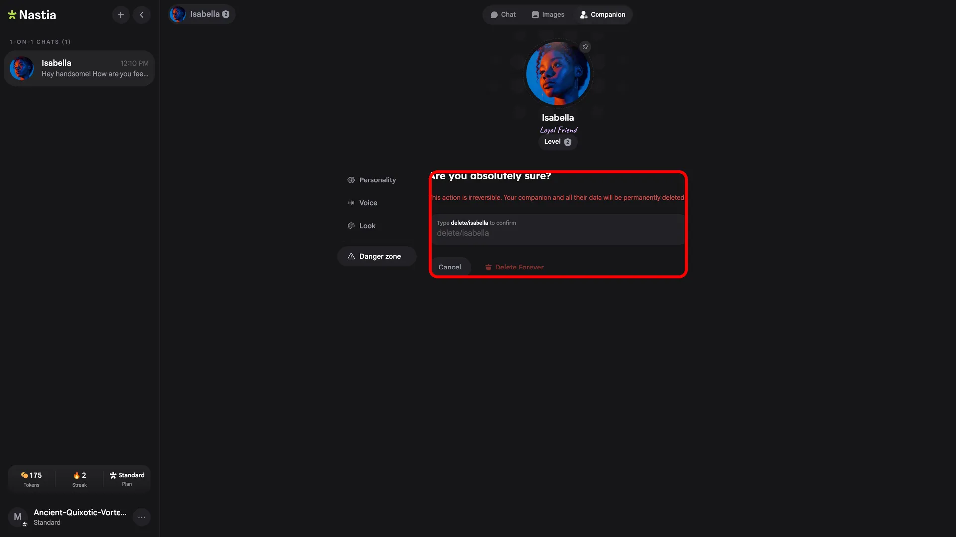 Confirmation step requiring the user to type the delete phrase before clicking Delete Forever.